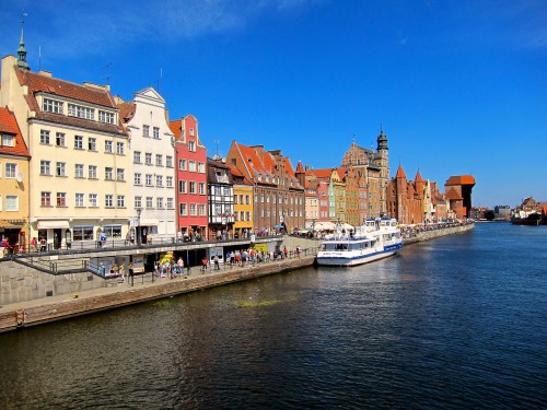 The Motlawa River. In the distance (right) you can see the medieval Gdansk Crane.