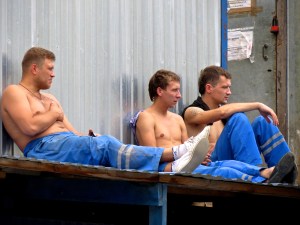 Russian workers taking a break along the canal.