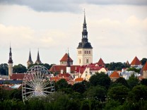 The skyline of Old Town Tallinn, viewed to the right from our ship.