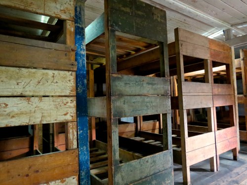Rows of bunks crammed into the barracks. Many prisoners were forced to sleep on top of each other on the floor.