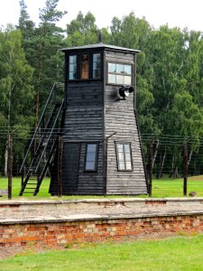 One of the guard towers standing watch over the camp.