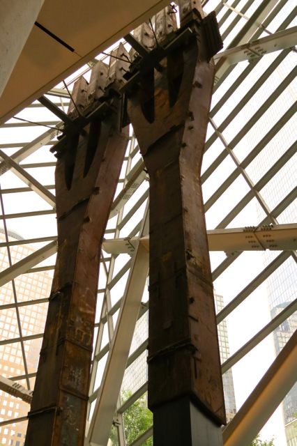 Twin Tridents, part of the World Trade Center South Tower Facade greet visitors as they enter the museum's exhibition 