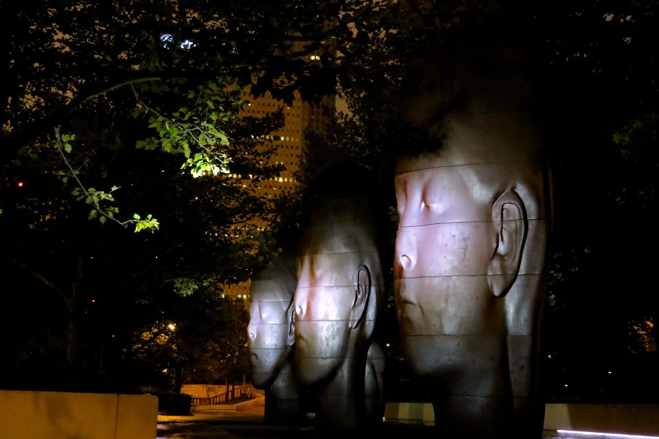 Statues by Jaume Plensa in Millennium Park at 5 am.