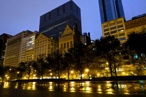 Looking across Jaume Plensa's Crown Fountain in Millennium Park towards Michigan Avenue.