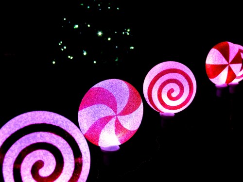 Color changing lollipops line the front walk.