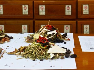 Natural medicine being assembled at one of many city pharmacies.