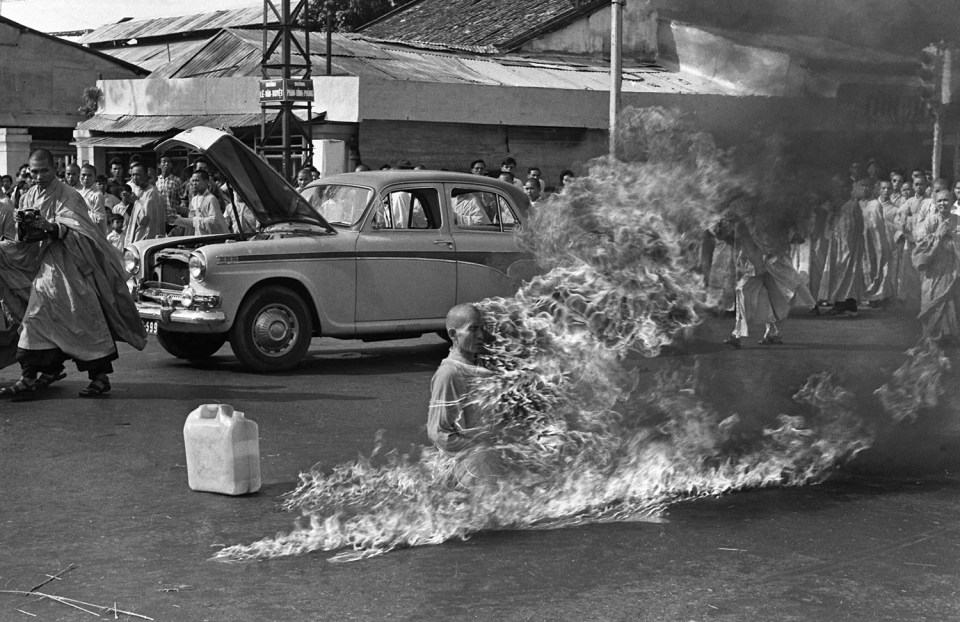 Thich Quang Duc, a Buddhist monk, burns himself to death on a Saigon street June 11, 1963 to protest alleged persecution of Buddhists by the South Vietnamese government. (AP Photo/Malcolm Browne)