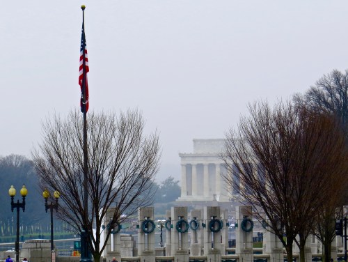The World War II Memorial with the Lincoln Memorial in the background.