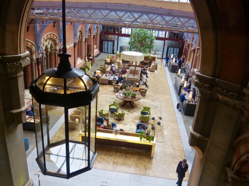 Looking down at the lobby of the St. Pancras Renaissance London Hotel.