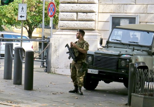 Standing guard at the American Embassy in Rome.