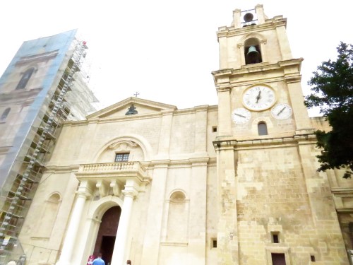 The Facade of St. John's Co-Cathedral under renovation.