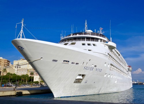 Our Silver Seas ship, the Silver Wind, docked in Trapani.